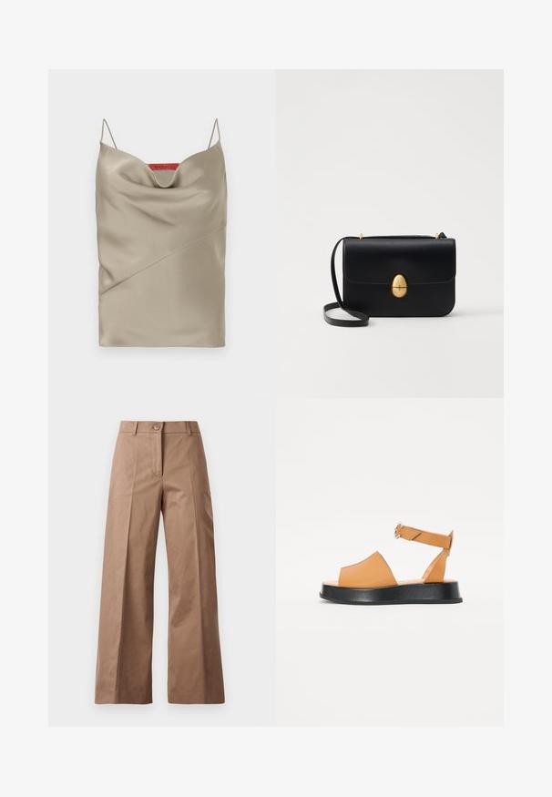 Satin camisole in light taupe with a draped neckline, thin adjustable straps, and diagonal seam detailing. Brand label in red at the back.; Brown wide-leg trousers made from a smooth fabric, featuring a front button closure, two front pockets, and clean, tailored lines.; Tan leather sandal with a wide front, open toe, adjustable strap, and a thick black platform sole. Smooth texture and minimal design.; Black leather handbag with a structured rectangular shape. Features a golden oval clasp and a thin shoulder strap. Smooth texture.