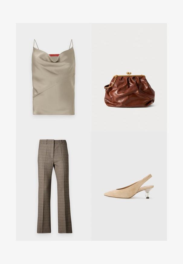 Satin top u svijetlosmeđoj boji s drapiranim izrezom, tankim podesivim naramenicama i dijagonalnim šavovima. Brend oznaka u crvenoj boji straga.; Smeđa karirana hlače s ravnim krojem, izrađene od teksturirane tkanine s suptilnim nijansama bež i tamnije smeđe boje u cijelom uzorku.; Bež suknjica sa slijedom s uskim vrhom i prozirnim, zaobljenim potplatom. Glatka tekstura i minimalistički dizajn.; Smeđa kožna torbica s zlatnim okvirom i kratkom zlatnom lancem, koja se odlikuje mekanom, naboranom teksturom na bijeloj pozadini.