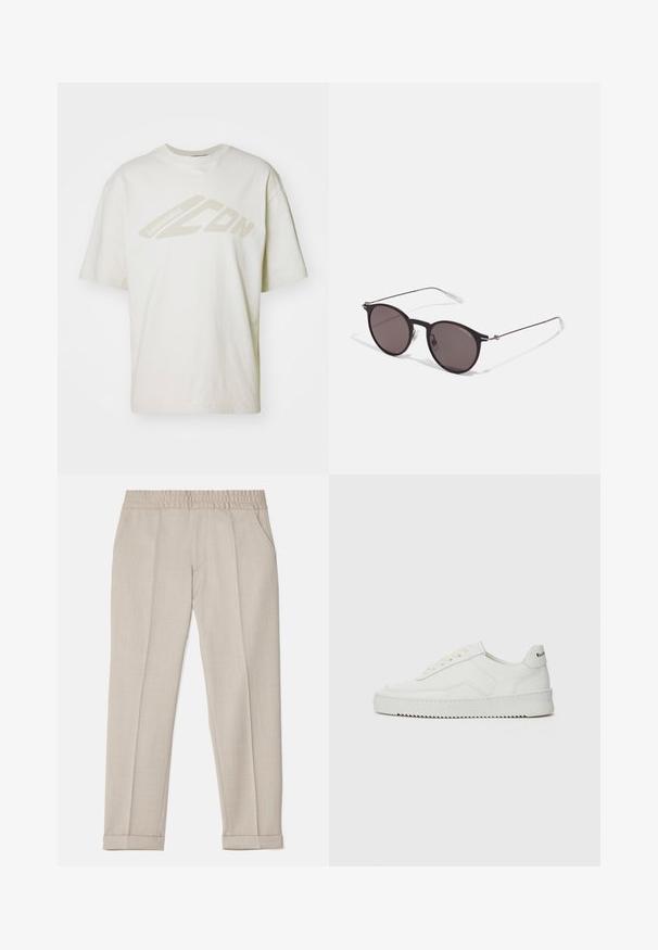 DSQUARED2 ICON LOOSE FIT TEE - Trükipildiga T-särk - offwhite; Filippa K TERRY CROPPED TROUSERS - Püksid - sage melange; Valge nahast tennis, millel on sile põhi, ümar varvas, lamedad nöörid ja tekstuuriline tall. Sisaldab diskreetset logo kontsaribal.; Mustad mustad prillid tumedate läätsedega ja õhukeste metallist käepidemetega. Kaarja kujuga seljaosa ja hõbedased aktsendid hingel. Minimalistlik disain.