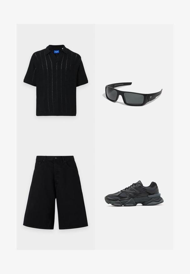 Schwarzes gestricktes Poloshirt mit kurzen Ärmeln, V-Ausschnitt, durchbrochenem Muster und gerippten Bündchen. Etikett im Kragen sichtbar.; Schwarze Denim-Shorts mit lässiger Passform, ausgestattet mit einem klassischen Fünf-Taschen-Design und Knopfverschluss, glatter Textur und geradem Beinabschluss.; Schwarzer Laufschuh mit einer Mischung aus Mesh- und sinthetischen Materialien, dicke Sohle, geschwungenes Design und auffälliger Markenkennzeichnung an der Seite.; Schwarze Sonnenbrille mit rechteckigem Rahmen, dunkelgrauen Gläsern und glatter Kunststoffoberfläche. Auffälliges Logo-Element an der Seite.