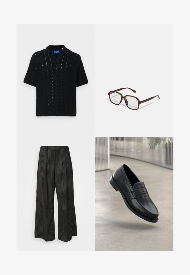 Schwarzes gestricktes Poloshirt mit kurzen Ärmeln, V-Ausschnitt, durchbrochenem Muster und gerippten Bündchen. Etikett im Kragen sichtbar.; Schwarz gestreifte weite Hose mit Falten, im taillierten Design und mit weichem Material. Keine sichtbaren Beschläge oder Akzente.; Schwarzer Lederloafer mit glatter Textur, spitzer Zehe und einem dekorativen Riemen über dem Rist. Leichte Sohle, minimalistisches Design.; Braune, rechteckige Brille mit transparenten Gläsern und lila Tönungen. Glatter Kunststoffrahmen mit geraden Bügeln und dezenten Akzenten.