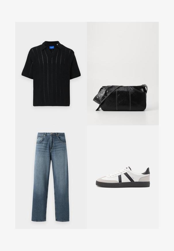 Fekete kötött pólóing rövid ujjakkal, V-kivágással, nyitott mintázattal és bordázott mandzsettákkal. Címke látható a gallér belsejében.; Egyenes szárú kék denim farmernadrág, kopott mosással, öt zsebes kivitelezéssel, fém gombbal és övhurkokkal. Közepes súlyú, strukturált anyag.; Fehér sneaker fekete és szürke részletekkel, textúrált szürke orr résszel, fekete gumitalppal és lapos fehér fűzőkkel. Tiszta dizájn, minimalista stílus.; Fekete bőr válltáska, cipzárral zárva, texturált felülettel, fehér varrással és ezüst fémgyűrűs pánttal.