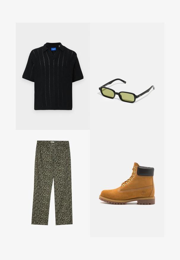Zwart gebreid polo shirt met korte mouwen, met een V-hals, openwerk patroon en geribbelde boorden. Merklabel zichtbaar aan de binnenkant van de kraag.; Olijfgroene broek met luipaardprint, gemaakt van zachte stof, met een elastische tailleband en een trekkoordsluiting voor een verstelbare pasvorm.; Tan suède enkelboot met zwart gevoerd kraagje, gouden metalen oogjes, witte stikdetails en een robuuste rubberen zool met uitgesproken profiel.; Zwarte zonnebril met een hoekig ontwerp, groengetinte lenzen en gladde plastic monturen. Kenmerkt zich door gouden accenten op de pootjes.