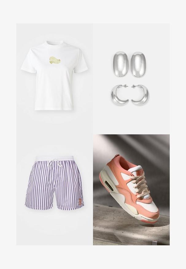 Weißes Baumwoll-T-Shirt mit gelbem Grafikdesign auf der Vorderseite. Runder Ausschnitt, kurze Ärmel und lockere Passform. Glatte Textur.; Männer Badehosen in Weiß mit vertikalen lila Streifen, elastischem Bund mit Kordelzug und kleinem, orangefarbenem gesticktem Logo auf der linken Seite.; Sneaker mit einem weichen Rosa- und weißen Obermaterial, strukturierten Wildleder-Elementen, einem gepolsterten Schaft und einer sichtbaren Luftpolsterung in der Ferse. Cremefarbene Sohle.; Silberfarbener Ohrring-Satz: zwei ovale Stecker und zwei halbmondförmige Creolen, mit einer glänzenden, glatten Oberfläche und einem abgerundeten Design.
