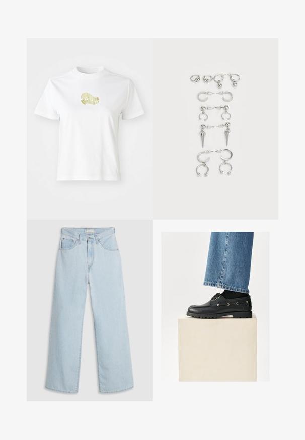 T-shirt bianca in cotone con un design grafico giallo sul frontale. Collo rotondo, maniche corte e vestibilità rilassata. Texture liscia.; Jeans di denim azzurro chiaro a gamba larga con vita alta, con chiusura a bottone e cerniera, doppie tasche anteriori e dettagli di cuciture sottili.; Scarpe nere in pelle con punta arrotondata, lacci e occhielli dorati. Suola robusta. Indossate con jeans in denim blu che coprono leggermente le scarpe.; Set di orecchini in argento con vari design: cerchi, perle e stili pendenti, con accenti a sfera e elementi appuntiti.