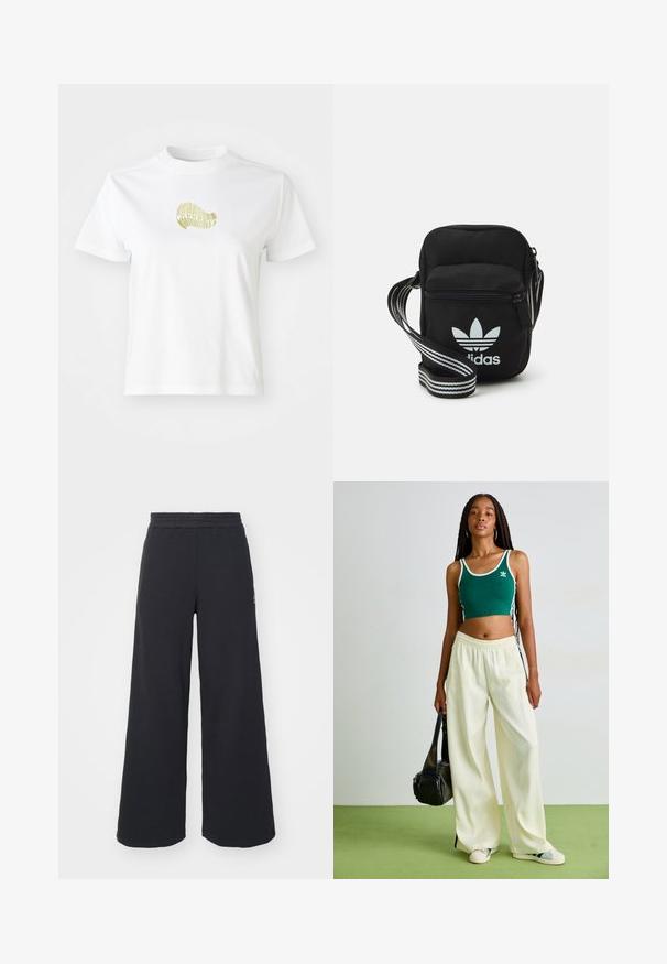 Witte katoenen t-shirt met een gele grafische print op de voorkant. Ronde hals, korte mouwen en een comfortabele pasvorm. Soepele textuur.; Zwarte wijde sweatpants gemaakt van zachte stof, met een elastische tailleband en een klein logo aan de linkerkant.; Groene cropped tanktop met witte biezen, gecombineerd met wijde crèmekleurige broeken. Model houdt een kleine zwarte tas vast. Eenvoudige sneakers.; Zwarte stoffen schoudertas met een ritssluiting, voorzien van een wit Adidas-logo en een gestreepte, verstelbare schouderband voor gemakkelijk dragen.