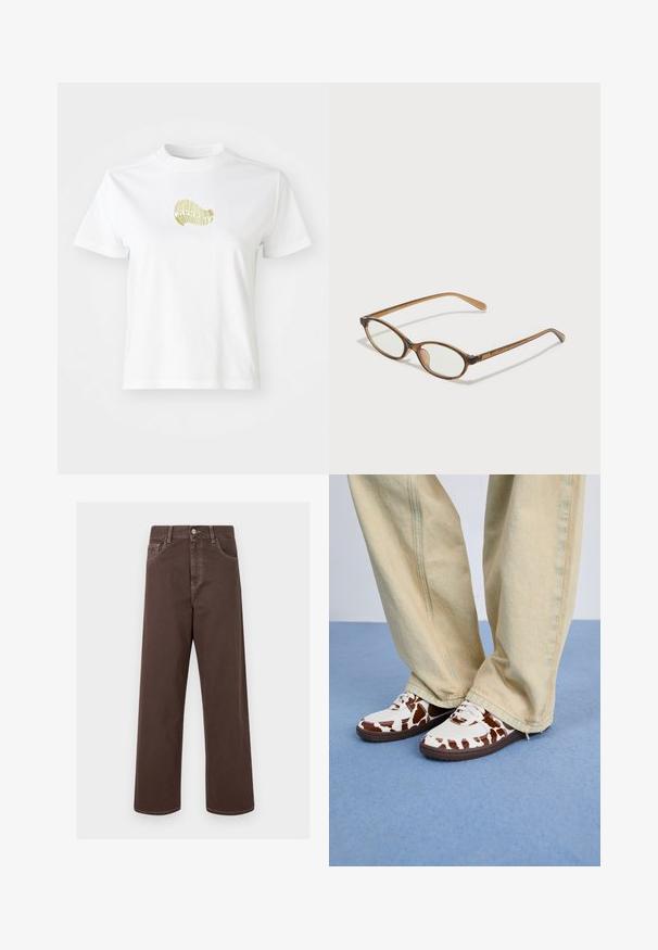 Tricou alb din bumbac cu un design grafic galben pe față. Guler rotund, mâneci scurte și o croială lejeră. Textură netedă.; Pantaloni din denim maro, cu croială largă, cusături contrastante, cinci buzunare și închidere cu un buton metalic. Textură netedă, croială dreaptă.; Tenisi albi cu model maro, confecționați din plasă și piele, având talpă din cauciuc maro. Asortați cu pantaloni lejeri de culoare bej deschis, cu croială largă.; Ochelari în nuanță de țestoasă maro, cu lentile ovale, brațe subțiri și accente transparente. Prezintă un logo subtil pe tâmplă. Design elegant și ușor.