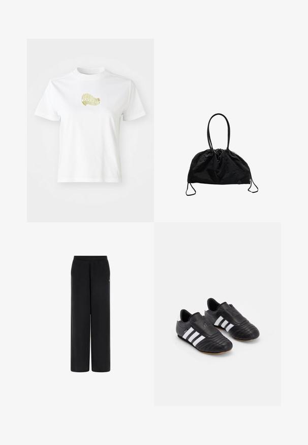 Hvid bomulds t-shirt med et gult grafisk design foran. Rund hals, korte ærmer og en afslappet pasform. Glat tekstur.; Sorte bukser med bred benvidde lavet af blødt materiale med elastisk talje. Har et lille logo på venstre side. Glat tekstur og skræddersyet form.; Sorte fodboldstøvler med overdel i struktureret læder, der har en polstret forfod, tre hvide striber på siderne og en sål i gummi.; Sort stof trækpose med to lange håndtag, samlede top, glat tekstur og en lille knapdetalje i bunden.