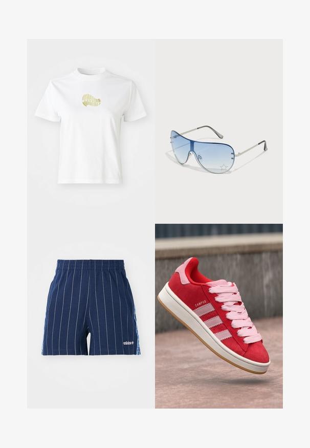 White cotton t-shirt featuring a yellow graphic design on the front. Round neck, short sleeves, and a relaxed fit. Smooth texture.; Navy blue shorts with white pinstripes, elastic waistband, and Adidas logo. Features blue accents on the sides, made of cotton blend material.; Red suede sneaker with pink accents, featuring three white stripes and light pink laces. White midsole and gum rubber outsole.; Aviator sunglasses featuring a gradient blue lens, silver metal frame, and decorative star accents on the lens. Smooth and sleek design.