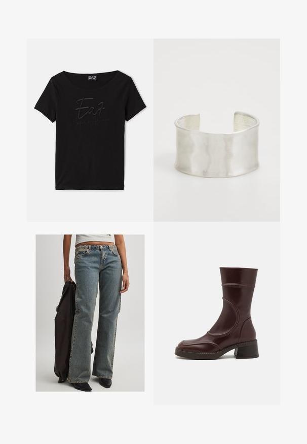 Melna īsām piedurknēm T-krekls, kas izgatavots no mīkstas auduma. Tam ir izliekta kakla izgriezums un teksturēts izsistais logo krūšu daļā.; Melnā caurspīdīgā blūze ar garām piedurknēm, savilkta jostas daļā un atvērta priekšpusē. Viegls audums ar gludu tekstūru un plūstošu siluetu.; Gai zils džinsu audums ar brīvu piegulšanu, kas ir ar vidēja augstuma jostu, redzamām šuvēm un klasisku piecu kabatu dizainu. Ir redzama arī melna apavi un tumša jaka.; MIISTA MALENE - Klasiski puszābaki - brown; Zign Rokassprādze - silver-coloured