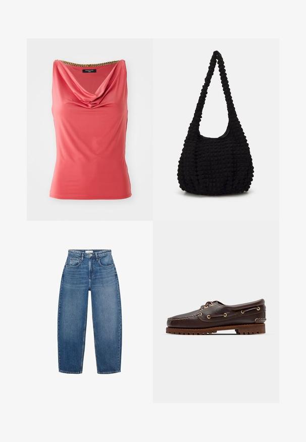 Top corai fără mâneci, cu un decolteu drapat și detaliu din lanț de aur la gât. Material neted, elastic, cu o formă ajustată și fără modele.; Bluză albă cu mâneci lungi, cu guler clasic, închidere cu butoane pe față și detalii pliate pe lateral. Fabrică netedă cu o croială ajustată.; Blugi din denim albastru cu talie înaltă și croială dreaptă, având cinci buzunare, pasaje pentru curea și decolorări subtile pentru o textură suplimentară.; Șlapi de punt pe culoare maro din piele, cu ochiuri aurii, șireturi rotunde și o talpă texturată din cauciuc maro. Prezintă detalii cusute și un logo ridicat.; Geantă din material texturat negru, cu o singură curea răsucită, având o formă căptușită și un design cu suprafață strânsă.