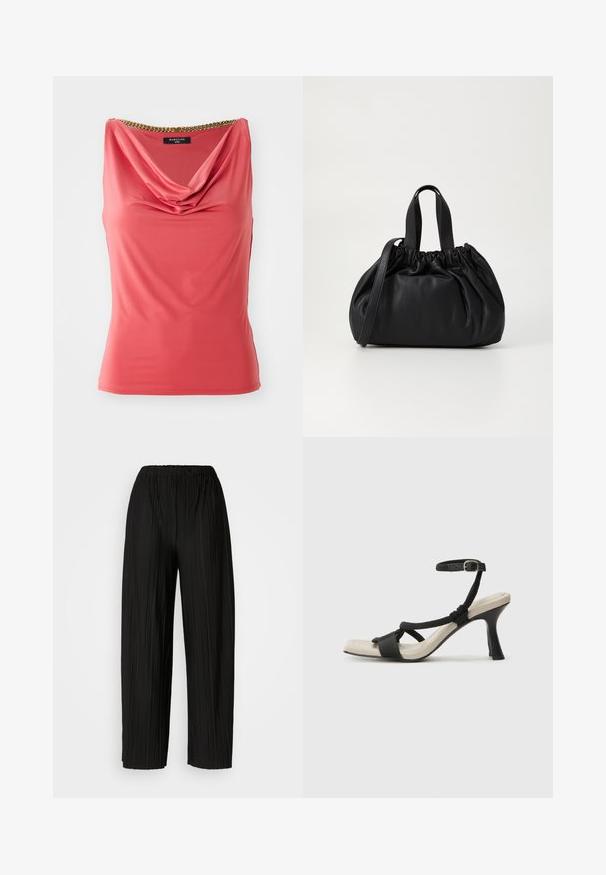Korallenfarbenes ärmelloses Oberteil mit drapierter Ausschnittlinie und goldener Kettendetail am Kragen. Glatter, elastischer Stoff mit taillierter Form und ohne Muster.; Schwarze, plissierte, weite Hosen mit einem elastischen Bund. Der Stoff hat vertikale Falten und eine glatte Textur.; Schwarze Absatzsandale mit geflochtenem Riemendesign, quadratischer Spitze und verstellbarem Knöchelriemen. Helle beigefarbene Sohle mit glänzendem schwarzen Absatz.; Schwarze Lederhandtasche mit einem gerafften Oberteil, ausgestattet mit zwei kurzen Griffen und einem langen verstellbaren Schulterriemen. Glatte Textur, runde Form.