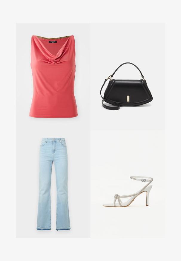 Korallenfarbenes ärmelloses Oberteil mit drapierter Ausschnittlinie und goldener Kettendetail am Kragen. Glatter, elastischer Stoff mit taillierter Form und ohne Muster.; Hellblaue Schlagjeans aus Denim, mit hoher Taille, Vordertaschen und einem rohen Saum an den Bündchen für einen lässigen Look.; Weiße High-Heel-Sandale mit einem strukturierten Riemen, der mit Strasssteinen verziert ist, offener Zehenbereich und Knöchelriemen mit verstellbarer Schnalle.; Schwarze Lederhandtasche mit einem strukturierten Design, das eine verkürzte Form, einen oberen Griff und goldfarbene Hardware-Details aufweist. Verstellbarer Schulterriemen ist enthalten.
