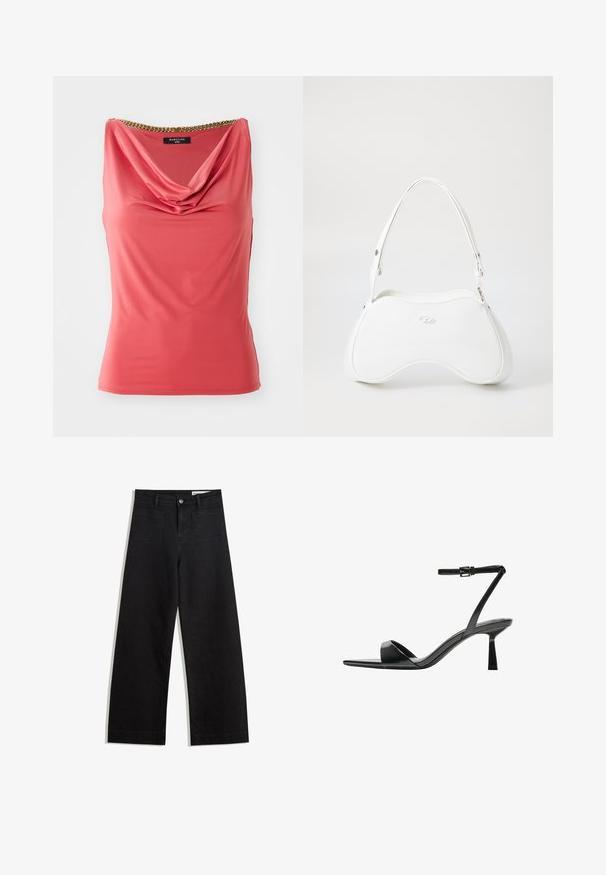 Coral sleeveless top with a draped neckline and gold chain detail at the collar. Smooth, stretchy fabric with a fitted shape and no patterns.; Black wide-leg denim pants with a high waist, featuring front and back pockets, stitched seams, and a button closure. Smooth texture.; Bershka High heeled sandals - black; White handbag with a smooth, glossy surface, curved shape, and a single adjustable strap. Features a logo embossed on the front.