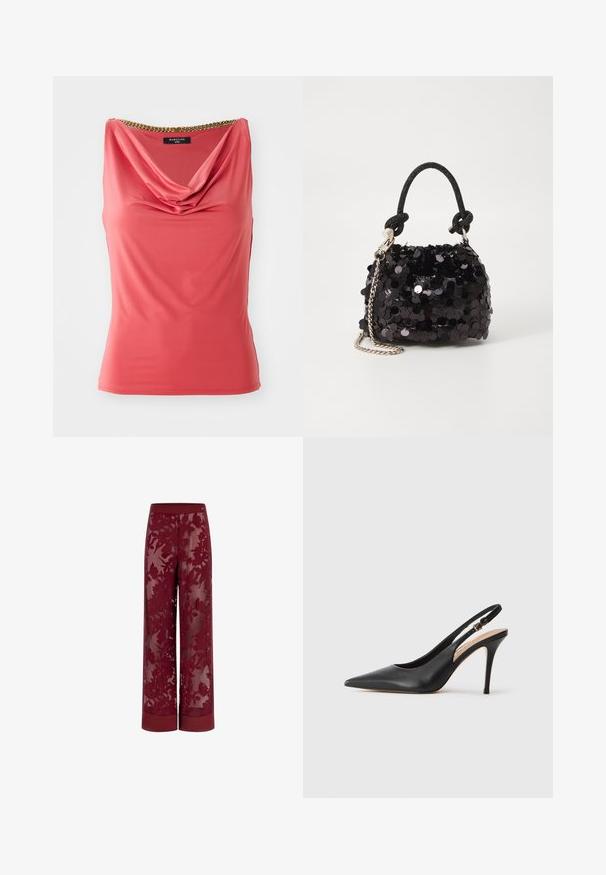 Korall színű ujjatlan felső, drapírozott nyakkivágással és arany lánc részlettel a gallérnál. Simább, rugalmas anyagú, testhezálló fazon, minták nélkül.; Burgonya színű, széles szárú nadrág, áttetsző virágmintás csipkével borítva. Szilárd derékrésszel és szegélydíszítéssel rendelkezik, amely bonyolult virágmintákat mutat be.; Fekete bőr, slingback stílusú, magassarkú cipő, hegyes orral, sima felülettel, és egy finom pánttal, amelyen fémből készült csat található.; Fekete flitteres mini kézitáska csomózott textúrájú pánttal és ezüst lánccal. Lekerekített forma, ráncolt tetejével és fényvisszaverő részletekkel.