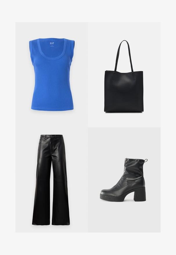 Modrý rebrovaný top bez rukávov so širokými ramienkami, okrúhlym výstrihom a priliehavým strihom. Hladká textúra bez vzorov alebo akcentov.; Čierne vysokopriestené široké nohavice z umelého kože s predným gombíkom, zipsom, pútkami na opasok a bočnými vreckami na bielom pozadí.; Čierne členkové topánky z hladkej kože, so bočným zipsom, robustnou textúrovanou pätnou časťou a zaobleným dizajnom špičky.; Čierna kožená taška na rameno s hladkým povrchom, obdĺžnikovým tvarom a dvoma dlhými uchami. Bez viditeľného kovania alebo ozdôb.