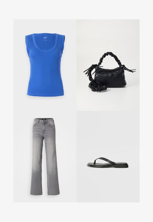 Blue ribbed tank top with wide straps, a round neckline, and a fitted silhouette. Smooth texture with no patterns or accents.; High-waisted straight-leg gray denim jeans with front button and zipper, front and back pockets, and faded shading on thighs and calves.; Black flip-flop made of smooth leather, featuring a thin strap design and a flat sole with a minimal profile. No notable patterns or accents.; Black faux leather handbag with a crocodile texture, cinched top, and a scrunched strap. Appears soft and compact in design.