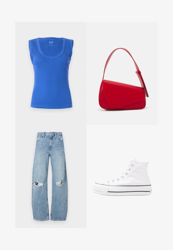 Blue ribbed tank top with wide straps, a round neckline, and a fitted silhouette. Smooth texture with no patterns or accents.; Light blue, high-waisted jeans made of denim. Feature wide legs, two torn knee areas, and classic five-pocket styling.; White high-top canvas sneaker with black rubber sole, front rubber toe cap, and six eyelets for laces, featuring a clean, minimalist design.; Red leather handbag with an angular, geometric design. Features a single adjustable strap and a flap closure with stitched detailing.