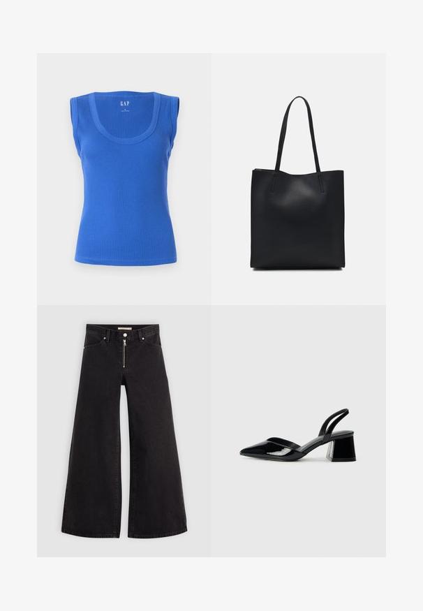 Modra rebrasta majica brez rokavov z širokimi naramnicami, okroglim izrezom in prilegajočim silhueto. Gladka tekstura brez vzorcev ali okraskov.; Široke traperice iz črnega denima z zadrgo spredaj, petimi žepi in diskretnimi šivi. Gladka tekstura in ležeren slog.; Črne lakirane slingback pete s koničastim nosom in geometrijsko blokasto peto. Imajo eleganten, minimalističen dizajn in gladko teksturo.; Črna usnjena torba s svilnato teksturo, pravokotne oblike in dvema dolgima ročajema. Brez vidnih metalnih delov ali okrasnih elementov.