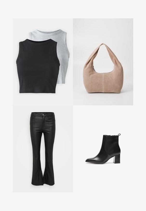Even&Odd Petite 2 PACK - Top - light grey/black; Black flared pants with a shiny, leather-like texture, featuring front pockets, a button closure, and side slits at the hem.; Black leather ankle boot with a rounded toe, a mid-height block heel, and a pull tab at the back. Smooth texture, minimal design.; Hobo bag made of soft, suede material in a light beige color. Features a rounded shape with a wide strap and zip closure.