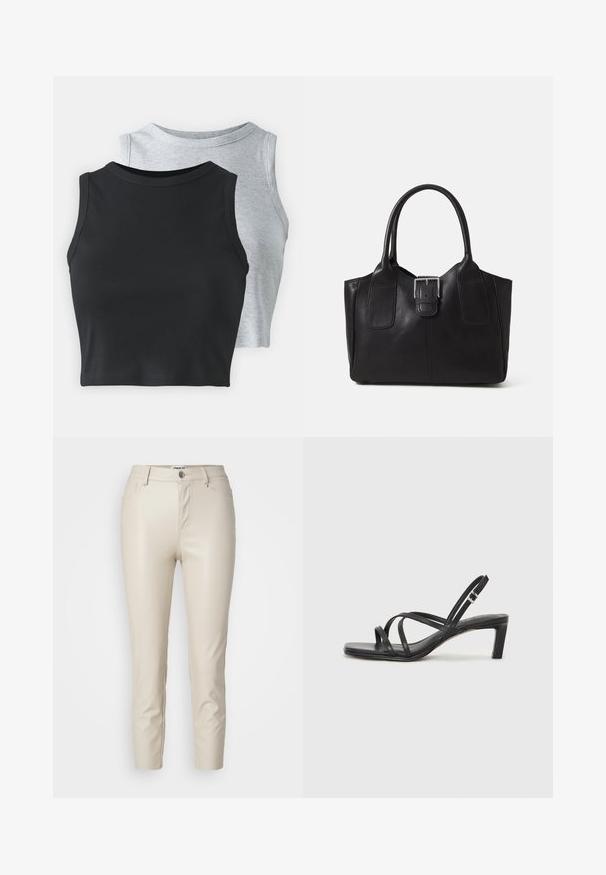 Even&Odd Petite 2 PACK - Top - light grey/black; Pantaloni in finta pelle beige con vestibilità slim, tasche frontali e chiusura con bottone, caratterizzati da una texture liscia e gambe affusolate.; Sandalo nero con cinturini, dalla punta squadrata e tacco basso a blocco. Presenta diversi cinturini sottili e una cinturini regolabile alla caviglia. Realizzato in pelle liscia.; Borsa tote in pelle nera con texture liscia, forma strutturata, due manici e un evidente dettaglio in fibbia argentata sul davanti.