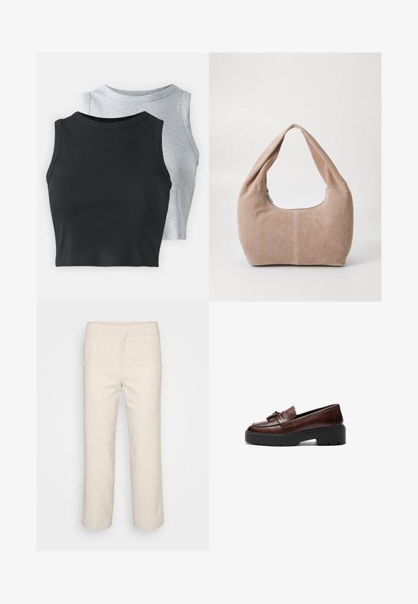 Even&Odd Petite 2 PACK - Top - light grey/black; Beige, tailored trousers with a straight leg design, a flat front, and two side pockets. Made from a smooth fabric with a clean finish.; Brown leather loafer with a sleek design, contrasting black platform sole, and decorative tassel accent on the vamp. Smooth texture.; Hobo bag made of soft, suede material in a light beige color. Features a rounded shape with a wide strap and zip closure.