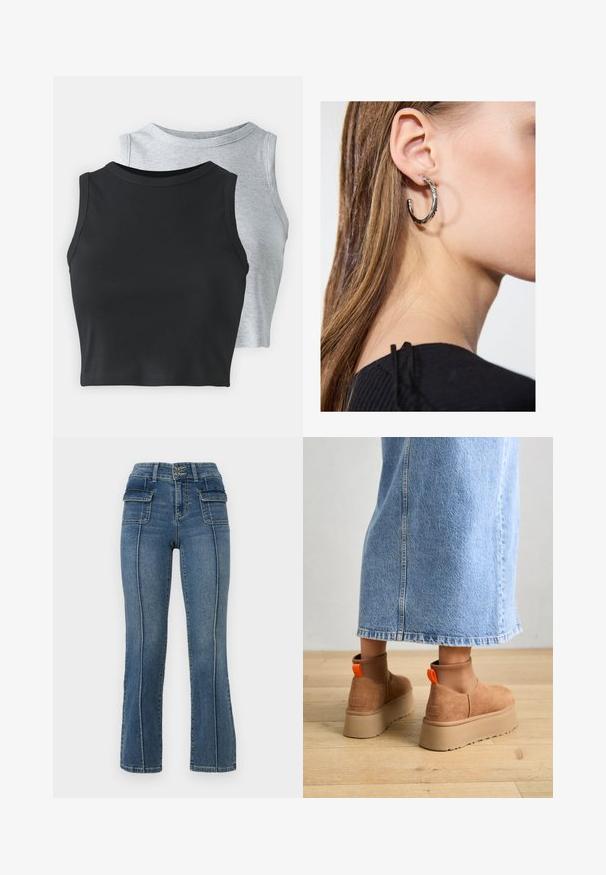 Even&Odd Petite 2 PACK - Viršus - light grey/black; ONLY Petite ONLWAUW MID WAIST FLARED - Platėjantys džinsai - medium blue denim; Rudos zomšiniai platforminiai batai su elastingomis šoniniais panirais ir oranžinėmis kilpomis, derinami su kelio ilgio šviesių džinsų sijonu ant medinių grindų.; Sidabrinė lankinė auskarai su poliruotu paviršiumi, turintys mažus auksinius akcentus ir apvalią formą, dėvimi ant ausies kaušelio.