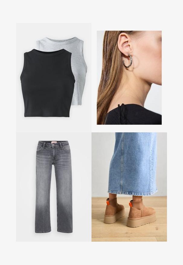 Even&Odd Petite 2 PACK - Topp - light grey/black; Halli teksad otste kujundusega, viie taskuga stiil, kerge pleekimisega ja nööpkinnipeaga vöökoht.; Pruunid nahatooted platvormikontsad elastsete külgpaneelidega ja oranžide tõmbetuttidega, koos puusani ulatuva heleda denim-seelikuga puidust põrandal.; Hõbedane rõngas kõrvarõngas poleeritud viimistlusega, millel on väikesed kuldsed aktsendid ja ümmargune kuju, kantud lobus.