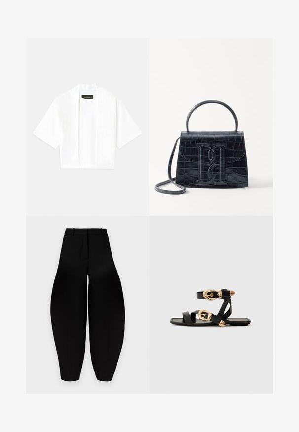 Witte korte mouwen open voorkant cardigan met een ronde halslijn en een zichtbaar zwart etiket binnen de kraag.; Zwarte wijde broek met hoge taille, geplooide voorkant en taps toelopende enkels. Gemaakt van een gladde stof met een matte afwerking.; Zwarte leren sandaal met gouden gespaccenten, voorzien van meerdere banden en een vlakke zool voor open-teenschoen gebruik.; Zwarte handtas van krokodillleer met een gestructureerd ontwerp, bovenhandvat, verstelbare schouderband en een opvallend voorlogo.