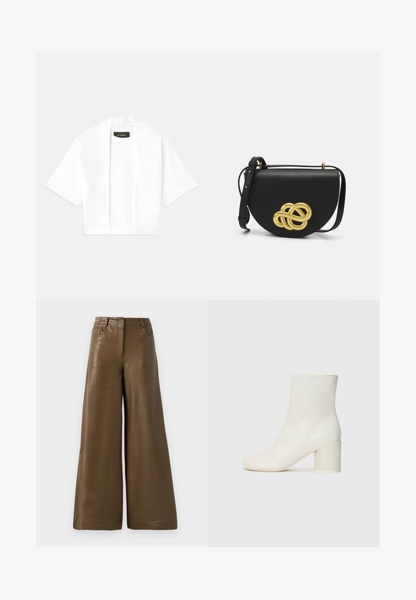 Cárdigan blanco de manga corta y abertura frontal con cuello redondo y una etiqueta negra visible en el interior del cuello.; Pantalones de pierna ancha hechos de suave cuero sintético marrón. Presentan una cintura alta, cuatro bolsillos y una cremallera frontal. Textura lisa y diseño minimalista.; Botín de cuero blanco hasta el tobillo con punta redondeada y tacón cilíndrico grueso. Textura suave, diseño minimalista, sin herrajes o patrones visibles.; Bolso de mano de cuero negro con forma redondeada, que presenta un gran nudo decorativo dorado en la parte frontal y una correa ajustable.