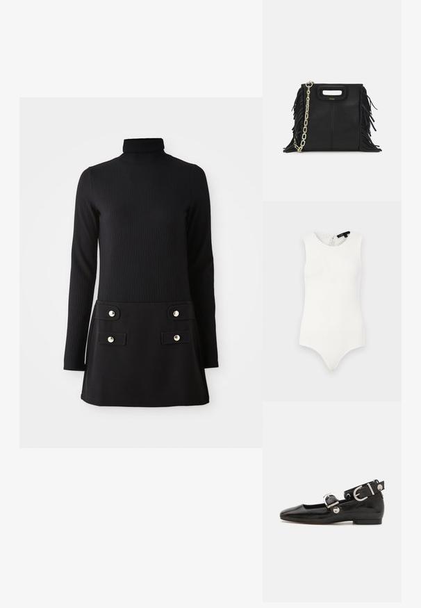 Valge ilma varrukateta bodi ribatud kangast, mis on lõigatud skaalopiga kaeluse ja võtmeauku seljaosal, ning sujuva põhjakujundusega.; Mustra mustris turtleneck kleit, millel on pikad varrukad, sobiv ülemine osa ja laienev seelik, mis sisaldab kahte eesmist taskut ja kuldset värvi nuppe.; Must musta nahkkinga lamead kontsad, ruudukujulise varbaga, pahkluu rihmaga, mis sisaldab hõbedast taakleid, ning lame tald. Siledat pinda ja minimalistlikku disaini.; Musta nahk käekott, millel on frantsiisid, kuldne ahelsanga ja lõigatud käepide. Esiosas on logot.