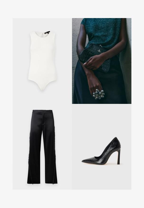 Biały bezrękawnik wykonany z prążkowanej tkaniny, z falbaniastym dekoltem i szczegółowym wycięciem na plecach oraz dopasowanym krojem dolnej części.; Czarne satynowe spodnie z szerokimi nogawkami, z frędzlami wzdłuż szwów bocznych oraz gładkim pasem w talii. Prosty tył bez kieszeni.; Czarne szpilki z ostrym noskiem, pokryte teksturą skóry krokodyla, charakteryzujące się eleganckim wzornictwem, wysokim obcasem w stylu stiletto oraz gładkim czarnym wnętrzem.; Czarna kopertówka w wzór krokodyla z srebrnymi akcentami, trzymana na szarym, teksturowanym tle. Posiada błyszczącą powierzchnię.