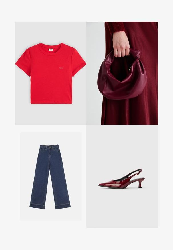 Piros pamut póló bordázott felszínen, rövid ujjal és kerek nyakkivágással. Bal mellkasán kis márkás logó található.; Sötétkék denim széles lábú farmernadrág. Öt zsebbel, övhurkokkal és nyers szegéllyel az alján, amelyen látható varrási részletek találhatók.; Burgundi színű, lakkbőr, hátsó pántos magassarkú cipők, hegyes orral és elegáns tűsarkakkal. Nyitott hátsó dizájn, állítható bokapánttal.; Burgundi bőrtáska puhán ráncolt dizájnnal és kerek alakban. A fogantyú rögzítve van, sima textúrával rendelkezik.