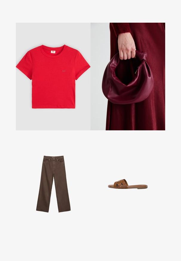 Czerwona bawełniana koszulka z ribbed teksturą, krótkimi rękawami i okrągłym dekoltem. Posiada małe logo marki na lewej piersi.; Szerokie brązowe dżinsy wykonane z denimu, z wysokim stanem, przednimi kieszeniami i klasycznym zapięciem na guzik. Gładka faktura z subtelnym przeszyciem.; Brązowe skórzane klapki z krzyżującymi się paskami, płaską podeszwą i gładką fakturą. Prosty design bez ozdób czy wzorów.; Bordowa skórzana torebka o miękkim, marszczonym wyglądzie i zaokrąglonym kształcie. Uchwyt jest zabezpieczony, co podkreśla gładką fakturę.