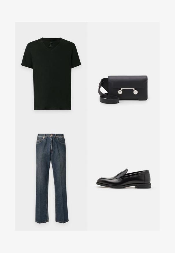 Juodas Armani Exchange vyriškas medvilninis marškinėliai su trumpomis rankovėmis ir V formos apykakle, dydis vidutinis, išdėstyti plokščiai ant baltos fono.; Tamsiai mėlynos tiesios kojos džinsai su priekiniais mygtukais, užtrauktuku, dviem priekinėmis kišenėmis ir matomomis vertikaliomis raukšlėmis nuo kelnių šonų.; Juodos odinės loafers, turinčios lygų paviršių, apvalią noselę ir dekoratyvinę juostą per priekinę dalį. Žemas krentantis kulnas, minimalistinis dizainas.; Juodas odinis kryžminis krepšys su sklendės uždarymu, sidabro spalvos detalėmis ir dviem apvaliais akcentais. Yra nusiimamas diržas. Lygus paviršius.