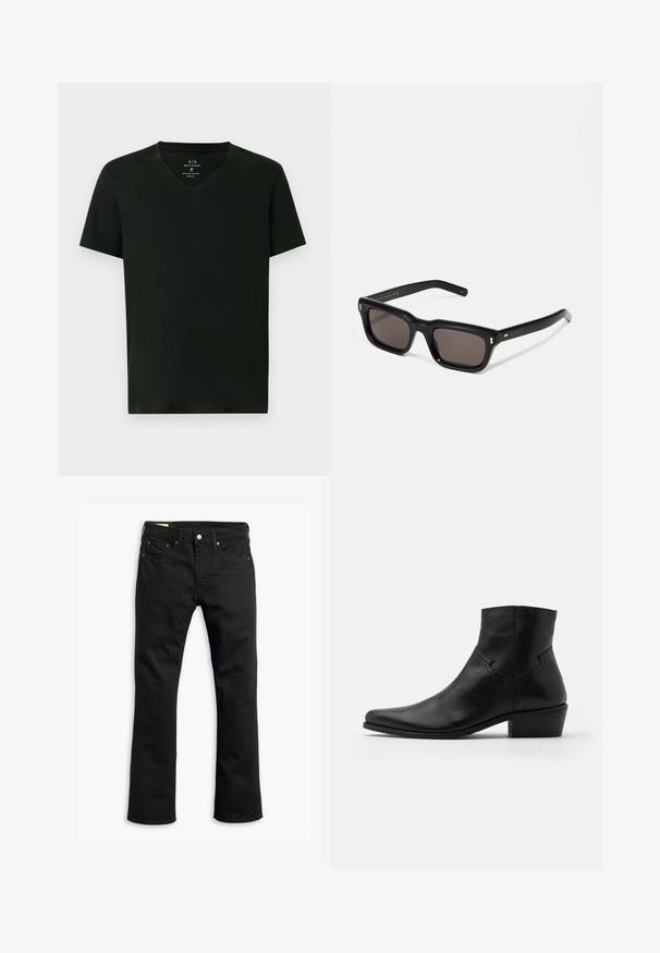 Fekete Armani Exchange férfi pamut póló rövid ujjakkal és V nyakkivágással, közepes méretben, fehér háttéren vízszintesen elhelyezve.; Fekete farmernadrág egyenes szárú fazonnal, öt zsebel, fém gombos záródással és visszafogott varrási részletekkel. Simább textúra és egységes szín.; Fekete bőr bokacsizma hegyes orral, minimális varrási részletekkel, közepes magasságú tömbsarkúval és sima, fényes felülettel.; Fekete téglalap alakú napszemüveg sötét lencsékkel, vastag műanyag keret, arany díszítések a szárakon, és a márka logója gravírozva a szára.