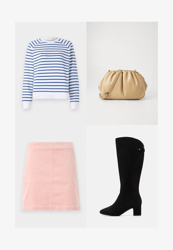 Biała bluza z niebieskimi poziomymi paskami, okrągłym dekoltem i ściągaczami przy mankietach. Wykonana z miękkiej mieszanki bawełny.; Różowa mini spódnica z korduroy o dopasowanej talii i pionowej, prążkowanej fakturze. Doły są proste, a spódnica ma prosty fason bez ozdób.; Czarne zamszowe kozaki za kolano z ostrym noskiem i blokowym obcasem. Charakteryzują się gładką fakturą i prostym wzornictwem, z bocznym akcentem w postaci paska.; Torebka skórzana w kolorze tan z plisowanym wzorem, regulowanym paskiem i zaokrąglonym kształtem. Minimalistyczne logo na przedniej powierzchni.