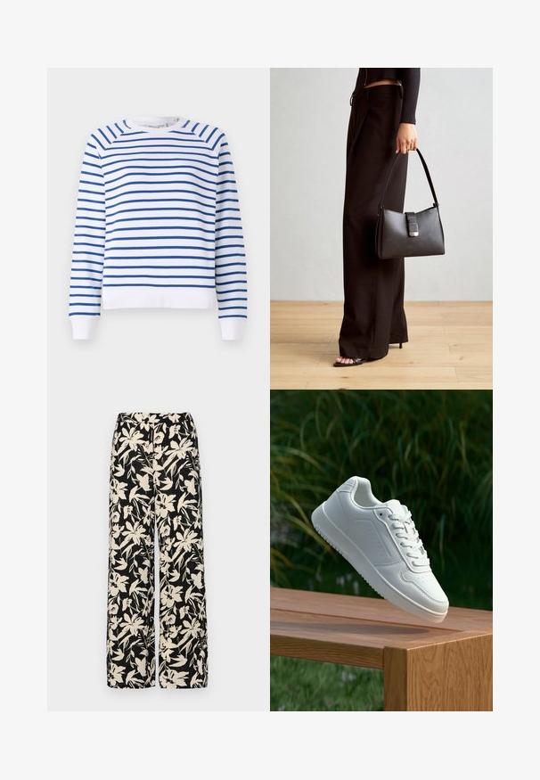 Sudadera blanca con rayas horizontales azules, escote redondo y puños de canalé. Fabricada con una suave mezcla de algodón.; Pantalones de pierna ancha negros con un patrón floral crema. Fabricados en un tejido ligero, con una textura suave y una cintura alta.; Zapatilla blanca con un upper sintético suave, caja de dedos perforada, cordones planos y una suela texturizada, exhibida sobre una superficie de madera.; Bolso negro con forma estructurada, textura suave y un cierre metálico. Combinado con pantalones anchos negros y sandalias de dedo en un suelo de madera.