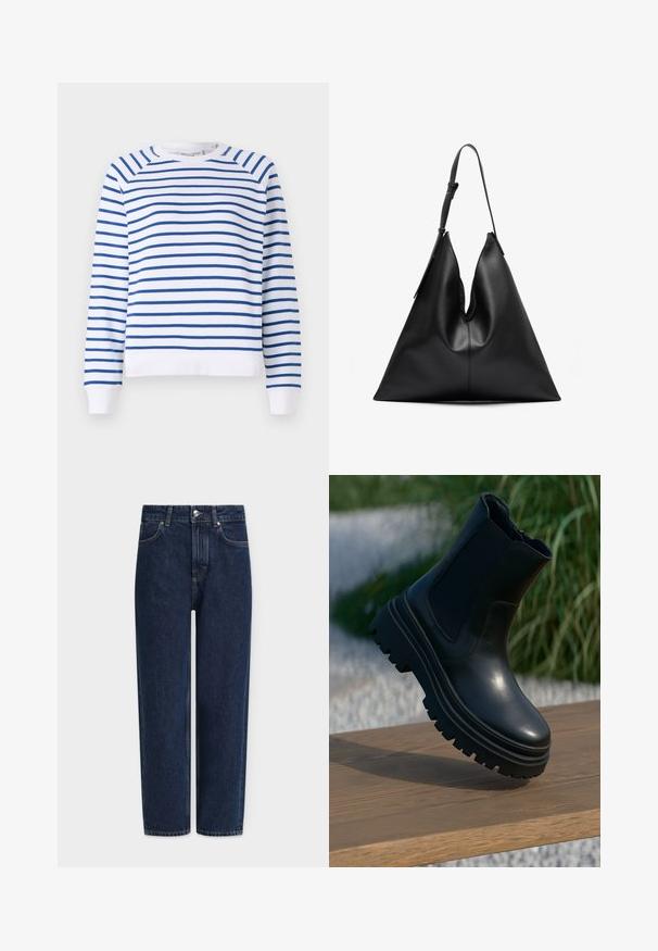 Valkoinen collegepaita, jossa on sinisiä vaakasuoria raitoja, pyöreä kaula-aukko ja resorit hihansuissa. Valmistettu pehmeästä puuvillasekoitekankasta.; Tummansiniset suoralahkeiset farkut, joissa on korkea vyötärö, hopeiset metalliosat, etutaskut ja hillityt ompeluominaisuudet. Klassinen viiden taskun malli.; Mustaa nahkaa oleva nilkkabotti, jossa on paksu pohja, venytyskaarit ja sileä pinta. Kohotettu muotoilu, jossa on kontrastivärit pohjan yksityiskohdissa.; Mustat nahkainen kolmionmuotoinen käsilaukku, jossa on yksi säädettävä olkahihna ja pehmeä, hieman roikkuva rakenne.; Korukkeet kultasävyisiä, joissa on sekoitus geometrisia muotoja: neliö, ympyrä ja linkitetyt soikio-designit kiiltävällä pinnalla.