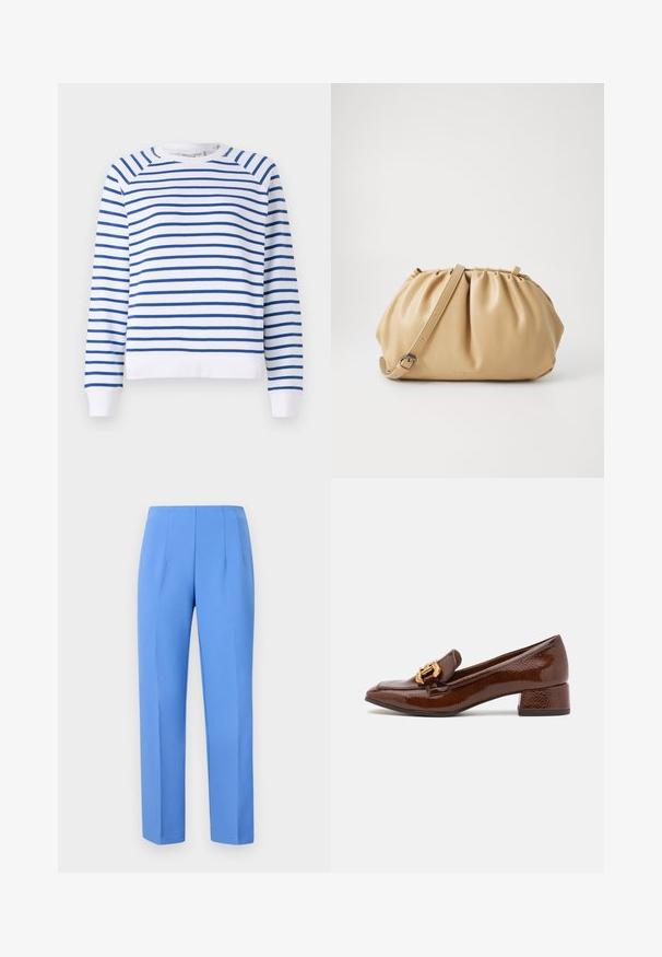 Biely mikina s modrými horizontálnymi pruhmi, okrúhlym výstrihom a rebrovanými manžetami. Vyrobená z jemnej zmesi bavlny.; Modré nohavice na mieru z hladkej tkaniny so bočnými skladmi, s rovým strihom a čistým pásom. Žiadne viditeľné kovové prvky ani vzory.; Hnedé kožené loafers s lesklým povrchom, s dekoratívnym zlatým prackom na prednej strane a nízkym blokovým podpätkom. Klasický dizajn.; Hnedá kožená kabelka s plisovaným dizajnom, nastaviteľným popruhom a zaobleným tvarom. Minimalistické logo na prednej strane.