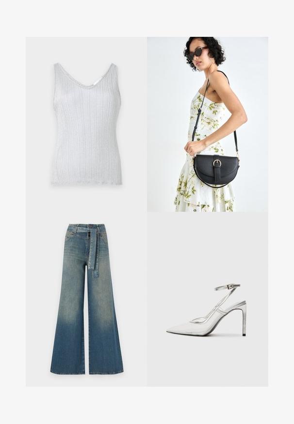 Silver ribbed tank top with a V-neckline and wide straps, featuring a soft texture and subtle shimmer. Hem is finished with a simple bound edge.; Wide-leg denim trousers featuring a light to dark blue gradient, high waist, belt loops, and a matching fabric belt. Textured denim finish.; Clear stiletto heel shoe with a pointed toe, transparent material, metallic silver accents, and adjustable ankle strap.; Black leather handbag with a curved shape, detachable strap, and gold hardware. The bag features a flap with a buckle detail.