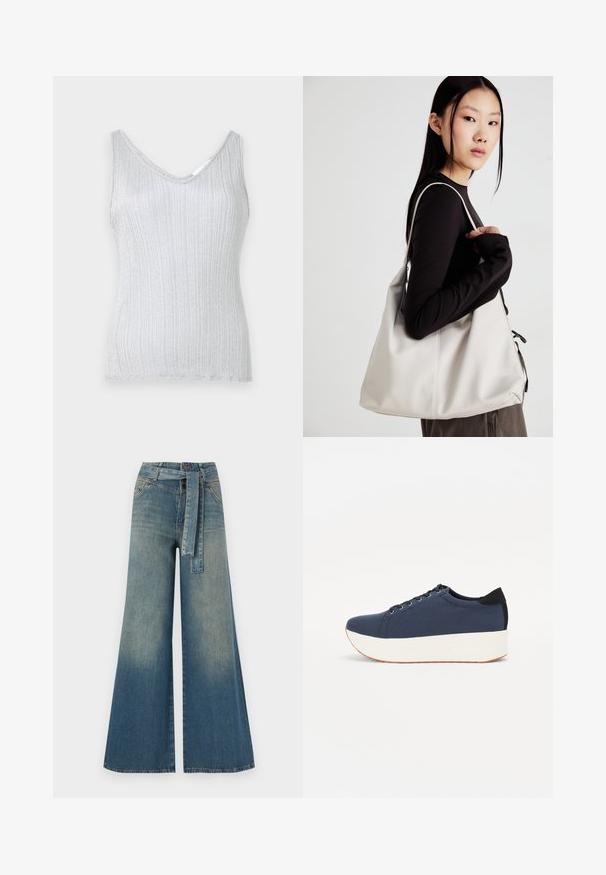 Sudraba ribota bezdelīga blūze ar V-veida kakla izgriezumu un platām siksnām, kurai ir maiga tekstūra un smalks mirdzums. Malas apdare ir vienkārša ar sašūtu malu.; Platām kājām džinsu bikses ar gaismas līdz tumši zilam gradientam, augstu jostas līniju, jostas cilpām un atbilstošu auduma jostu. Tekstūrēts džinsas apdare.; Navy zilo apavi ar strukturētu auduma augšdaļu, baltu platformas zoli, noapaļotu pirkstu daļu un melnu papēža akcentu. Iekļautas sešas acs caurumi šnuķēšanai.; Bežs rokassoma, izgatavota no mīksta materiāla, ar brīvu dizainu, izšūtu apdari un divām plecu siksnām. Piemērota ikdienas lietošanai.