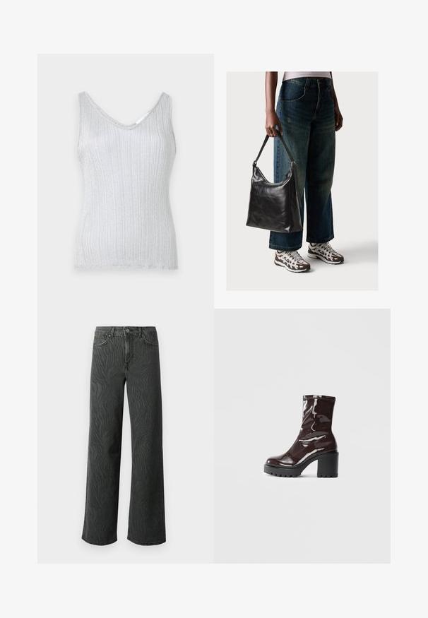 Silver ribbed tank top with a V-neckline and wide straps, featuring a soft texture and subtle shimmer. Hem is finished with a simple bound edge.; Wide-leg jeans in dark gray denim, featuring a subtle zebra-pattern texture, contrast stitching, and five-pocket design with a button fly.; Glossy burgundy ankle boot with a chunky black heel, featuring a smooth texture and simple design. No visible fastenings or patterns.; Black leather shoulder bag with a smooth texture and adjustable strap, paired with faded wide-leg jeans and athletic sneakers.