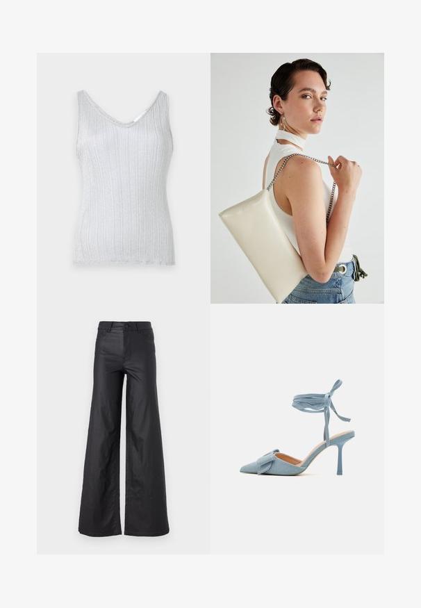 Top din bumbac argintiu, cu dungi, cu decolteu în V și bretele late, având o textură moale și un strălucire subtilă. Marginile sunt finisate cu un tiv simplu.; Pantaloni negri, cu picioare largi, dintr-un material de piele ecologică. Prezentază talie înaltă, bucle pentru curea, două buzunare frontale și detalii cusute.; Pantof cu toc înalt, cu vârful ascuțit, dintr-un material light blue cu o textură fină, având o fundiță decorativă și o curea la gleznă pentru o ajustare sigură.; Geantă de clutch rectangulară albă, realizată dintr-un material lucios, având o curea de lanț argintie. Modelul pozează, evidențiind geanta pe un fundal simplu.
