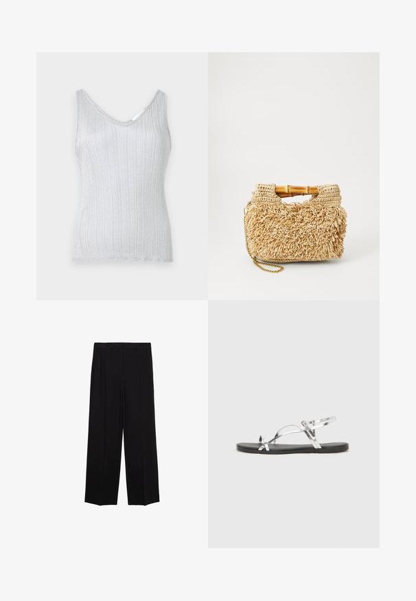 Silbernes, geripptes Tanktop mit V-Ausschnitt und breiten Trägern, ausgestattet mit einer weichen Textur und subtilen Schimmer. Der Saum ist mit einer einfachen, gebundenen Kante verarbeitet.; Schwarze weit geschnittene Hosen aus glattem Stoff, mit Falten an der Vorderseite und seitlichen Taschen, entworfen in einem geraden, lässigen Schnitt.; Silberne metallische Sandalen mit minimalistischem Design, featuring dünne Riemen und einer flachen schwarzen Sohle. Besonderheiten sind die Überkreuz-Riemenakzente.; Geflochtene Strohtasche mit Bambusgriffen, ausgestattet mit einem strukturierten Fransen-Design in natürlichem Beige und einem goldenen Kettenriemen.