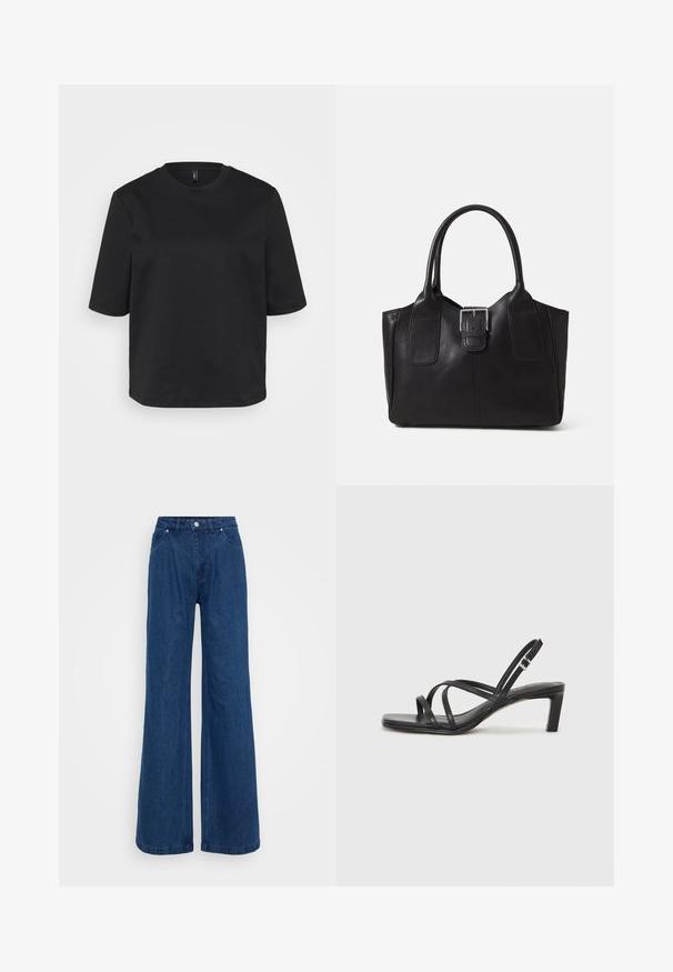 Juoda apvalios iškirptės marškinėliai pagaminti iš medvilnės, su trumpomis rankovėmis ir laisvu siluetu. Lygus tekstūra, be matomų raštų ar akcentų.; Mėlynos plačios džinsinio audinio kelnės su aukšta juosmens linija, priekyje mygtukas ir užtrauktukas, bei priekinės ir užpakalinės kišenės prieš paprastą foną.; Juodi šlepetės su kvadratiniu pirštu ir žemu bloku kulnu. Yra keli ploni dirželiai ir reguliuojamas kulkšnies diržas. Pagaminti iš lygios odos.; Juodas odinis nešiojamas krepšys su lygiu paviršiumi, struktūrine forma, dviem rankenėlėmis ir ryškiu sidabriniu sagties akcentu priekyje.