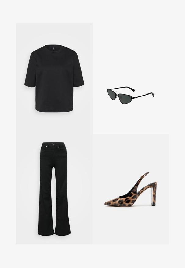 Svart t-shirt med rund hals i bomull, med korta ärmar och avslappnad passform. Slät textur utan synliga mönster eller detaljer.; Svarta utsvängda jeans i denim, med hög midja, fem fickor och metallknappstängning. Slät textur med minimal detaljering.; Leopardmönstrad slingback-pump med spetsig tå och transparent blockklack. Tillverkad av glansigt material med en slät textur.; Svarta metallsolglasögon med vinklade bågar och mörka linser. Har tunna, raka armar och nässtöd för säker passform.