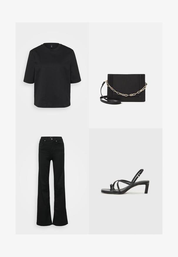 Melnā apģērbojamo crew-neck T-kreklā, izgatavotā no kokvilnas, ir īsas piedurknes un brīvs piegriezums. Gluda tekstūra bez redzamām rakstām vai akcentiem.; Melnas flared džinsas, izgatavoti no denima, ar augstu jostasvietu, piecām kabatām un metāla pogu aizdari. Gluda tekstūra ar minimālu apdari.; Melnas strappy sandales ar kvadrātveida purngaliem un zemu bloku papēdi. Ievērojamas ar vairākiem plāniem siksniņām un regulējamu potītes siksniņu. Izgatavotas no gludas ādas.; Melna ādas crossbody soma ar gludu faktūru, taisnstūrveida formu un metalizētu ķēdes detaļu priekšā. Iekļauta regulējama siksna.