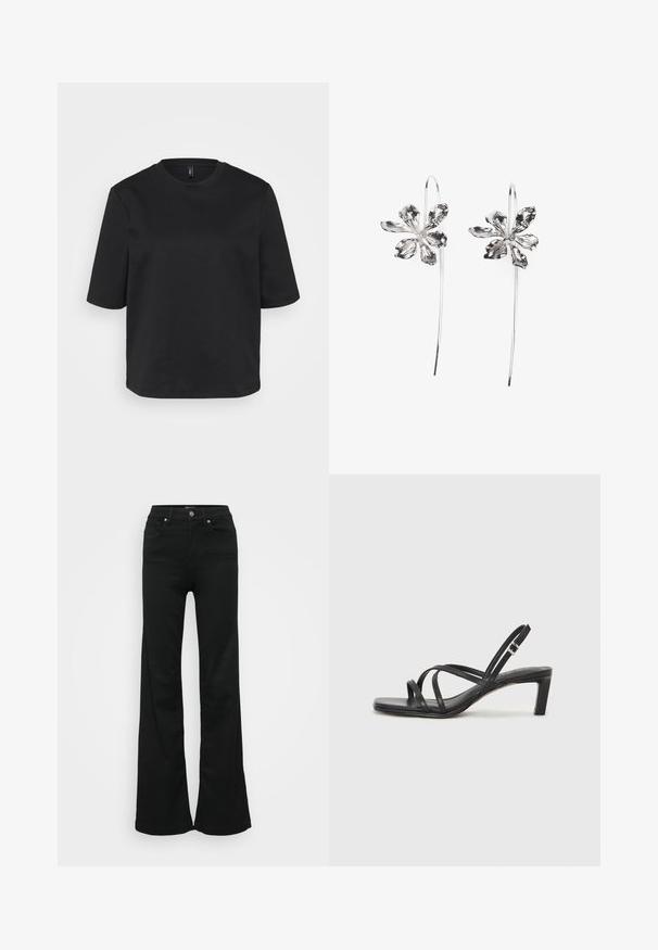 Black crew-neck t-shirt made of cotton, featuring short sleeves and a relaxed fit. Smooth texture with no visible patterns or accents.; Black flared jeans made from denim, featuring a high waist, five pockets, and metal button closure. Smooth texture with minimal detailing.; Black strappy sandal with a square toe and a low block heel. Features multiple thin straps and an adjustable ankle strap. Made of smooth leather.; Silver flower-shaped earrings with a textured finish, featuring long hooks and petal-like details for an intricate design.