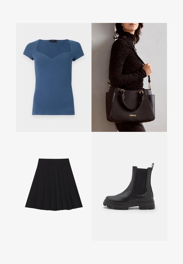 Ribbed blue short-sleeve top with a square neckline and fitted design. Made from stretchy material, featuring a subtle texture.; Black pleated skirt made of textured fabric with a fitted waistband. Falls to knee length, featuring a smooth, clean silhouette.; Black leather ankle boot with elastic side panels, rounded toe, and textured rubber sole. Features a loop at the back for easy wear.; Black handbag with textured surface, dual top handles, and adjustable shoulder strap. Features gold-tone hardware and side pockets.